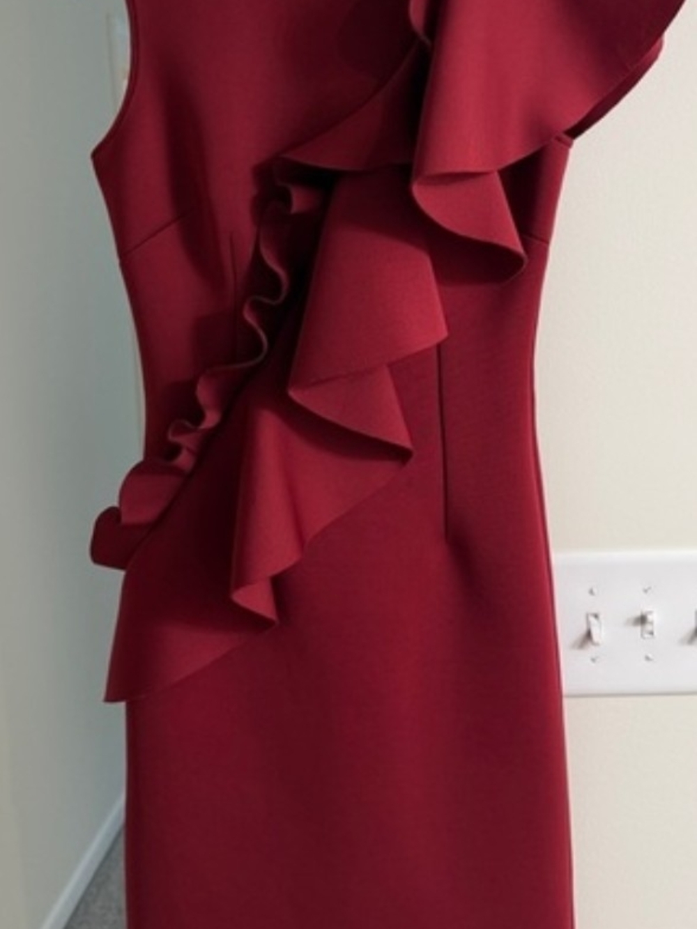 NERO by Jatin Varma Sleeveless Ruffle Sheath Dress in Deep Burgundy